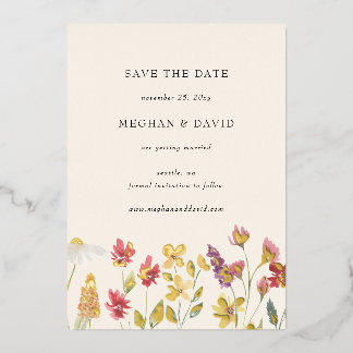 Elegant Boho Summer Wildflower Save the Date Foil Invitation