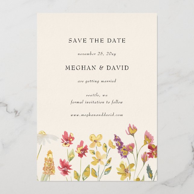 Elegant Boho Summer Wildflower Save the Date  Foil Invitation (Front)