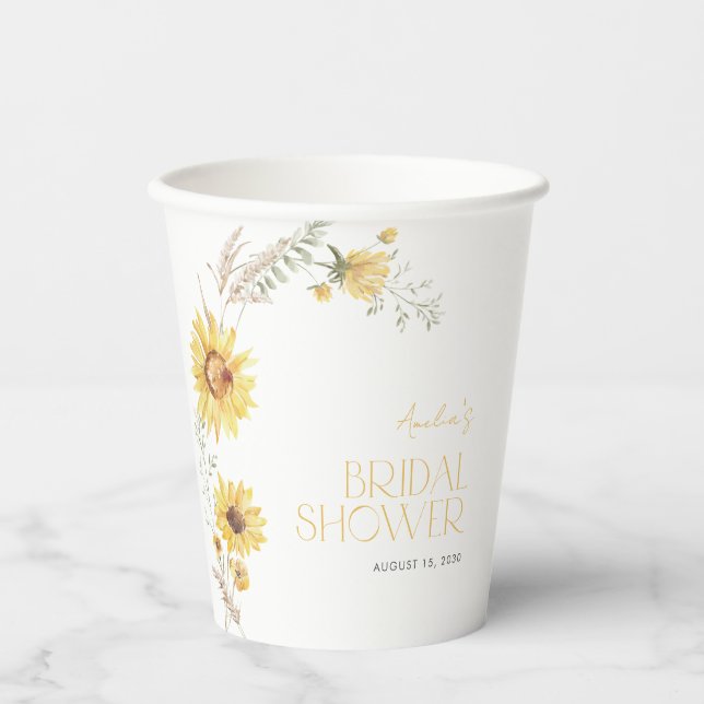 Elegant Boho Sunflower Botanical Bridal Shower Paper Cups (Front)