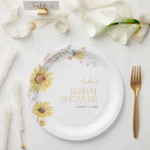 Elegant Boho Sunflower Botanical Bridal Shower Paper Plates