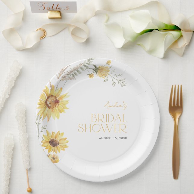 Elegant Boho Sunflower Botanical Bridal Shower Paper Plates (Wedding)