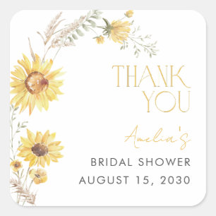 Elegant Boho Sunflower Bridal Shower Thank You Square Sticker