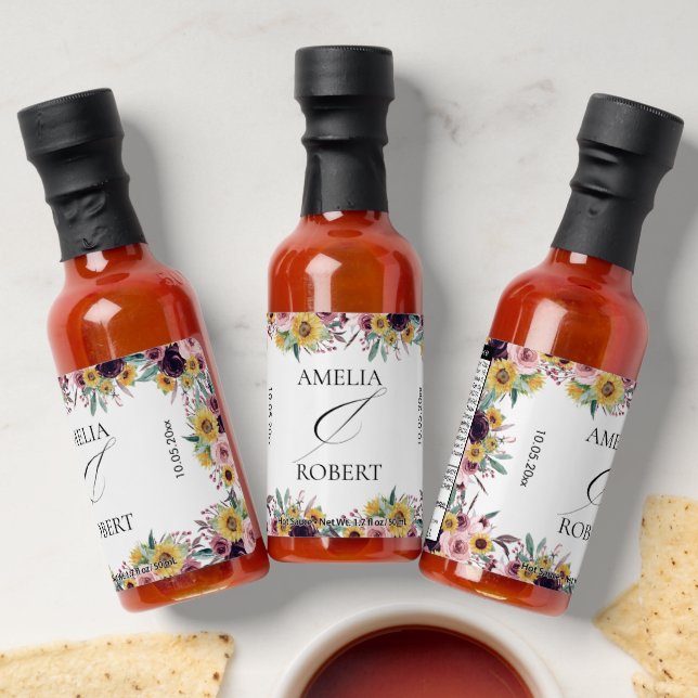 Elegant Boho Sunflower Rustic Floral Fall Wedding Hot Sauces (Laydown)