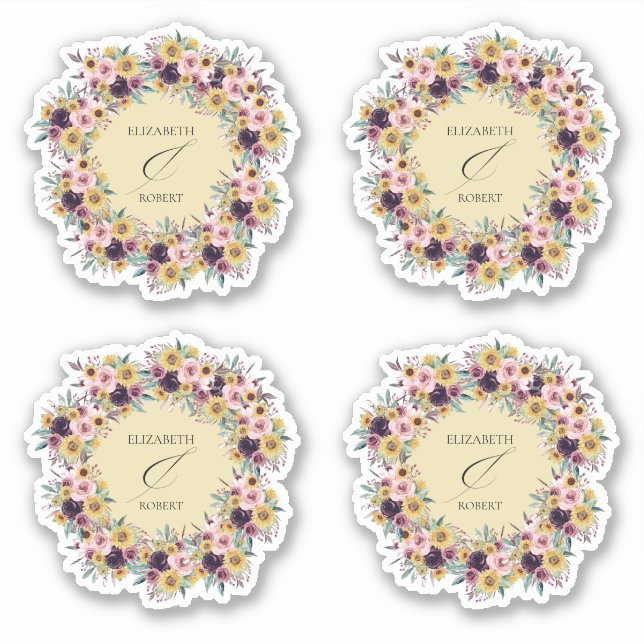 Elegant Boho Sunflower Rustic Floral Fall Wedding Sticker (Front)
