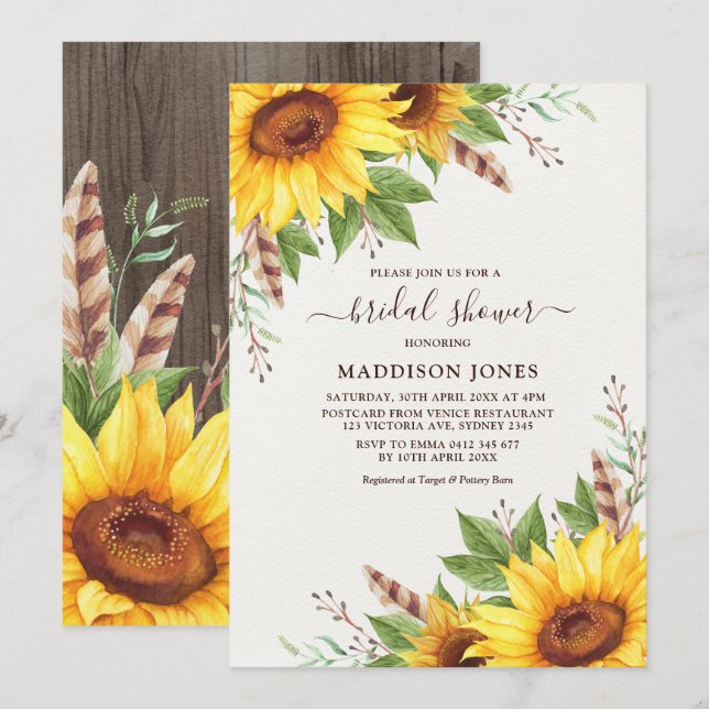 Elegant Boho Sunflower Rustic Summer Bridal Shower Invitation (Front/Back)