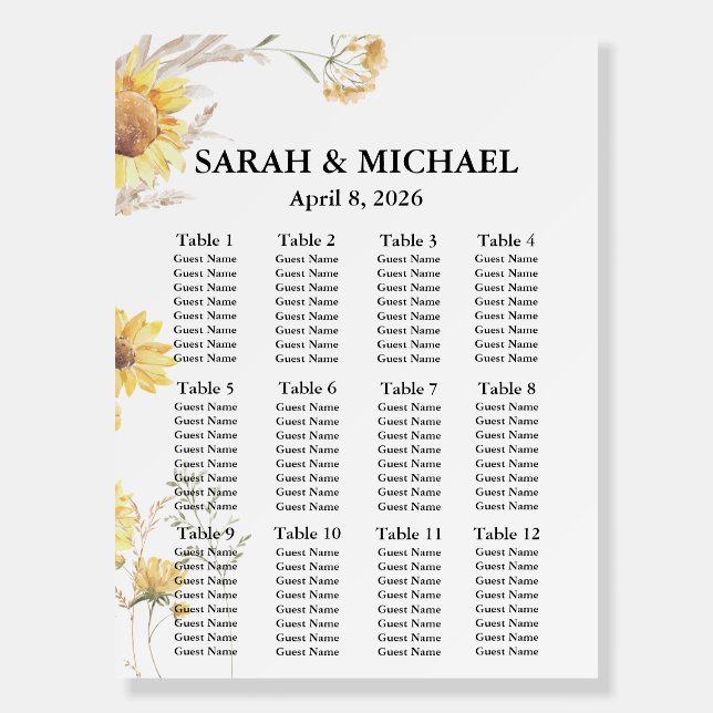 Elegant Boho Sunflower Seating Chart Foam Boards (Front)