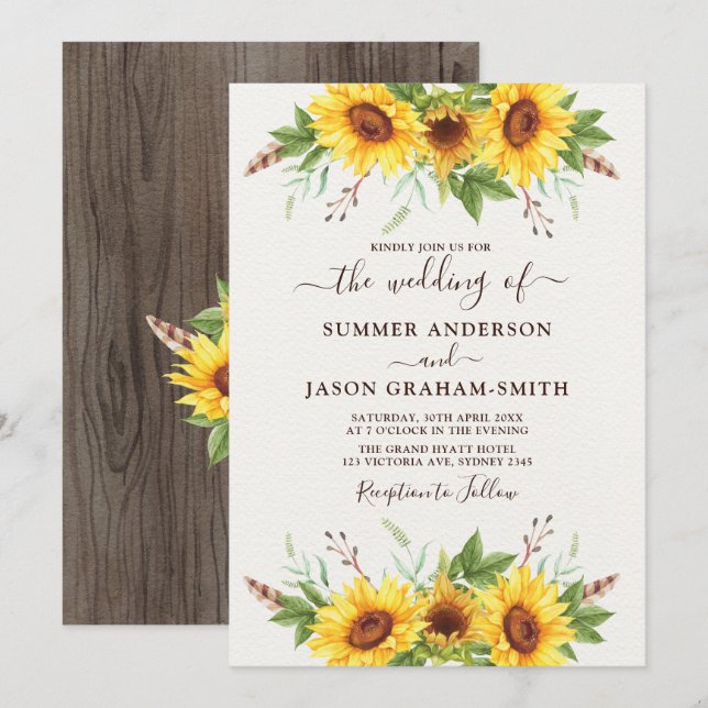 Elegant Boho Sunflowers Summer Watercolour Wedding Invitation (Front/Back)