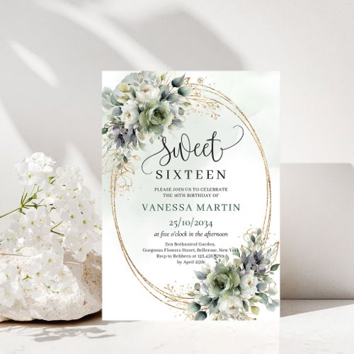 Elegant Boho Sweet Sixteen Greenery Foliage Invite