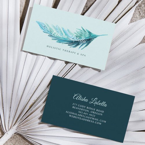 Elegant Boho Teal  Aqua Blue Watercolor Feather Business Card