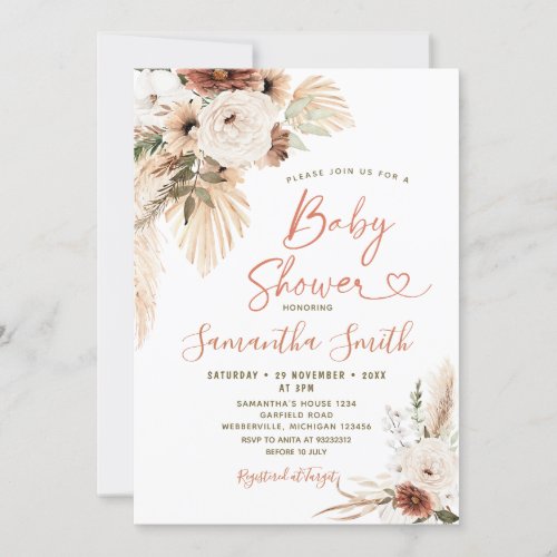 Elegant Boho Terracota White Floral Baby Shower  Invitation