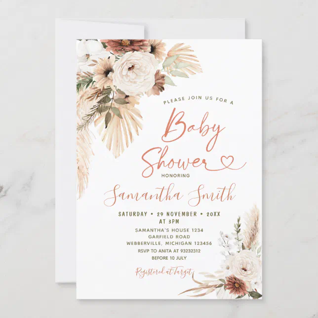 Elegant Boho Terracota White Floral Baby Shower Invitation | Zazzle