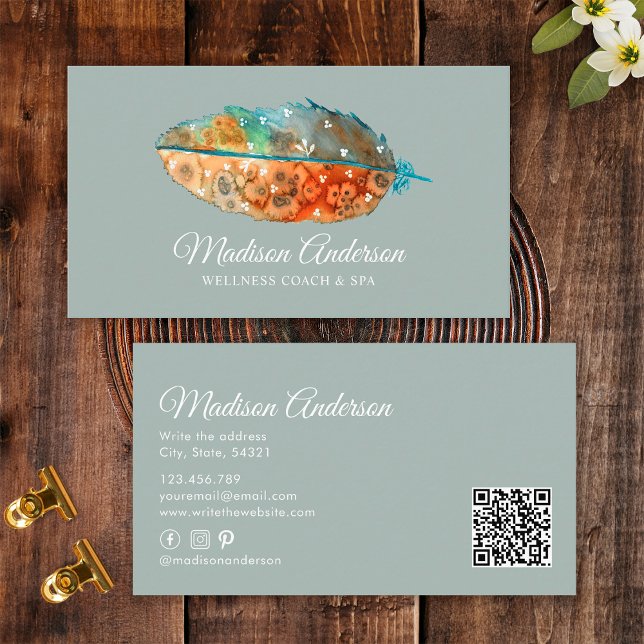 Elegant Boho Terracotta Blue Watercolor Feather Business Card (Front and Back)