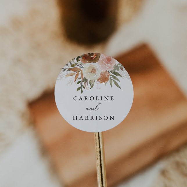 Elegant Boho Terracotta Floral Wedding Classic Round Sticker (Creator Uploaded)