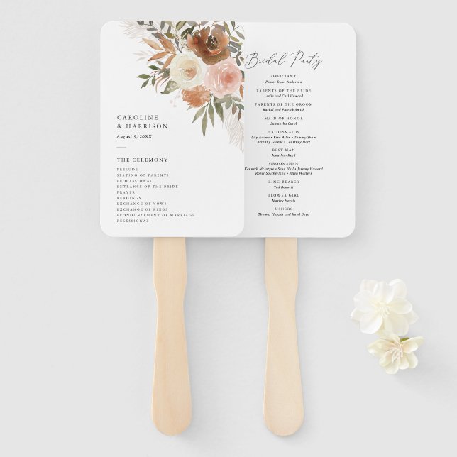 Elegant Boho Terracotta Floral Wedding Program Hand Fan (Front and Back)