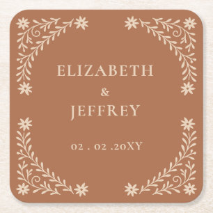 Elegant Boho Terracotta Floral Wedding Square Paper Coaster