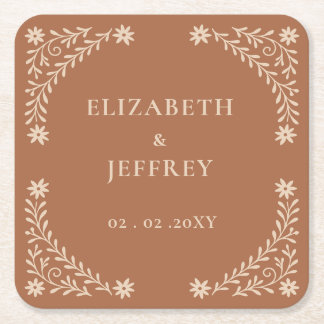 Elegant Boho Terracotta Floral Wedding  Square Paper Coaster