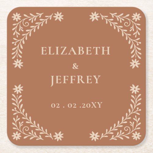Elegant Boho Terracotta Floral Wedding Square Paper Coaster
