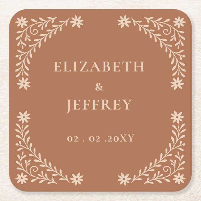 Elegant Boho Terracotta Floral Wedding  Square Paper Coaster (Front)