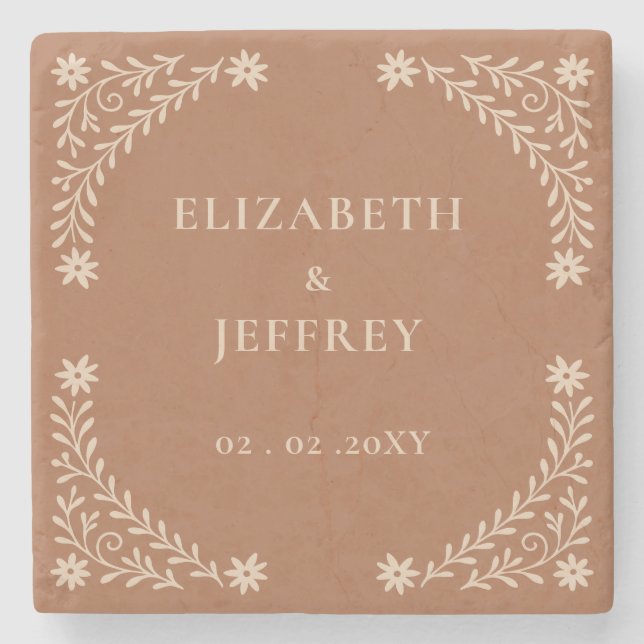 Elegant Boho Terracotta Floral Wedding  Stone Coaster (Front)