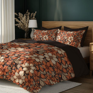 Elegant boho terracotta ivory wild flowers brown duvet cover