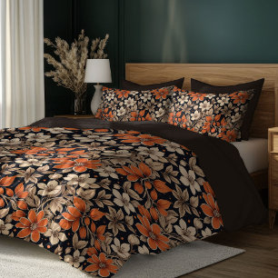 Elegant boho terracotta ivory wild flowers brown duvet cover