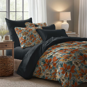 Elegant boho terracotta pastel blue wild flowers duvet cover