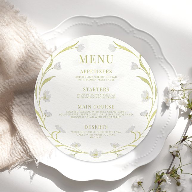 Elegant Boho Tulips Floral Wedding Round Flat Menu (Creator Uploaded)