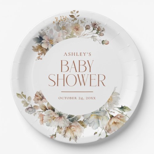 Elegant Boho Vintage Floral Botanical Baby Shower Paper Plates
