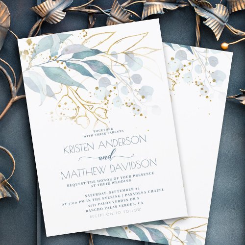 Elegant Boho Watercolor Blue Floral Gold Wedding Invitation