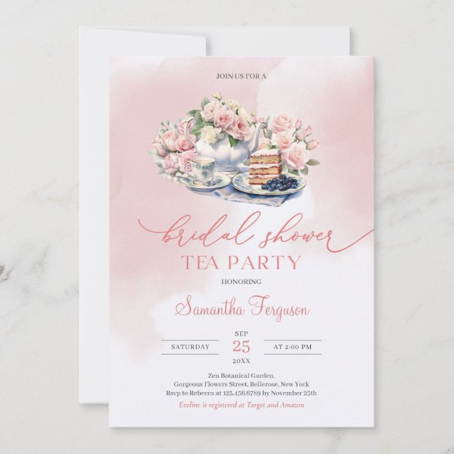 Elegant boho watercolor blush pink roses tea party invitation (Front)