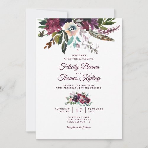 Elegant Boho Watercolor Burgundy Floral Wedding Invitation