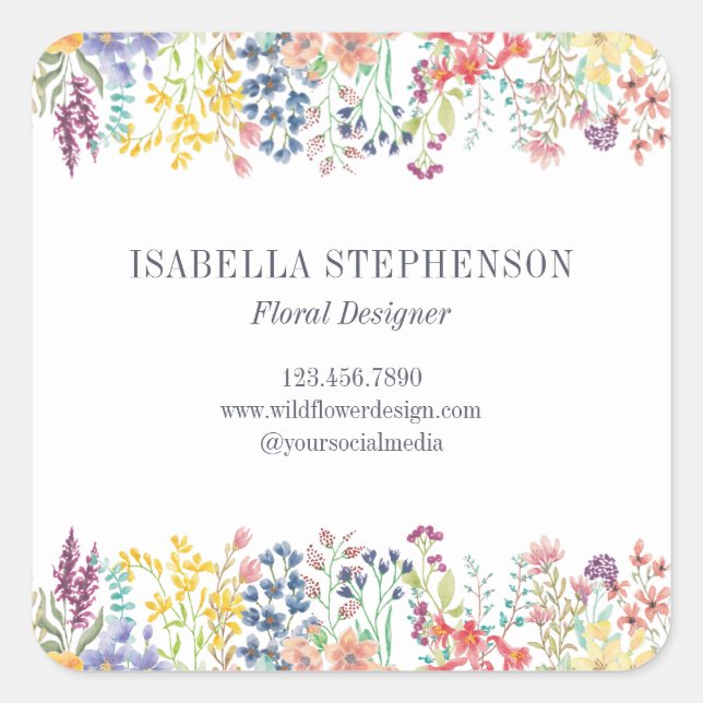 Elegant Boho Watercolor Colorful Wildflower  Square Sticker (Front)