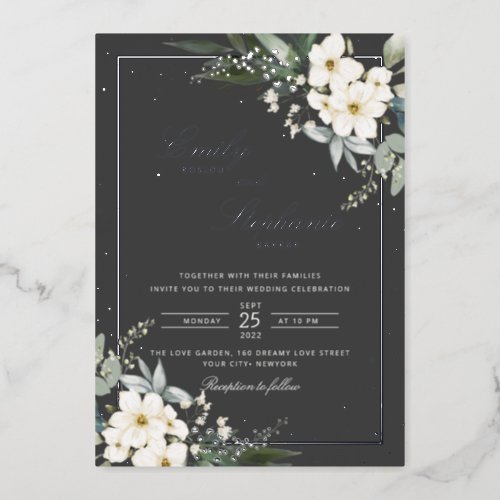 Elegant Boho Watercolor Floral Black Gold Wedding  Foil Invitation