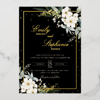 Elegant Boho Watercolor Floral Black Gold Wedding Foil Invitation