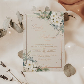 Elegant Boho Watercolor Floral Black Gold Wedding Foil Invitation