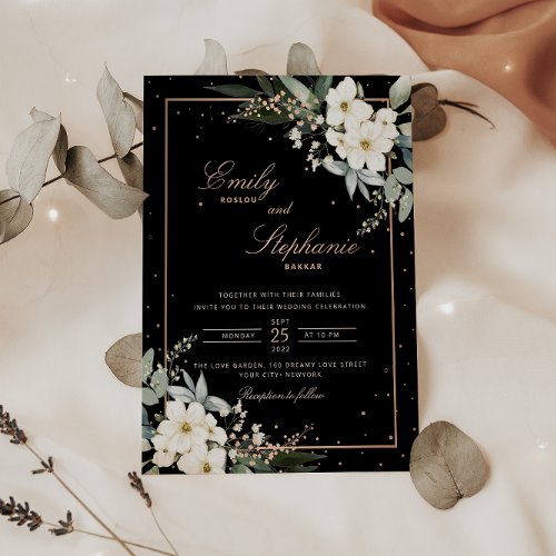 Elegant Boho Watercolor Floral Black Gold Wedding  Foil Invitation