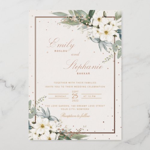 Elegant Boho Watercolor Floral Black Gold Wedding Foil Invitation