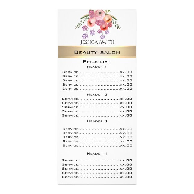 Elegant boho watercolor floral bouquet menu card (Front)