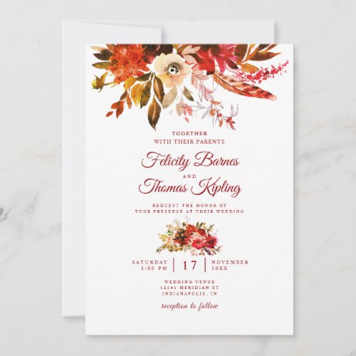 Elegant Boho Watercolor Floral Fall Wedding Invitation