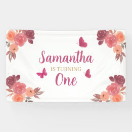 Elegant Boho Watercolor Floral First Birthday Banner