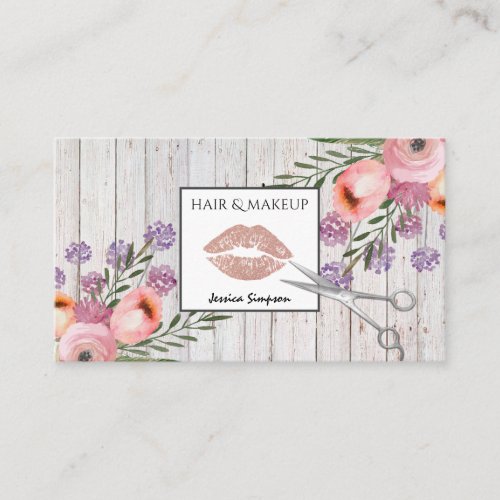 Elegant boho watercolor floral scissors lips wood appointment card