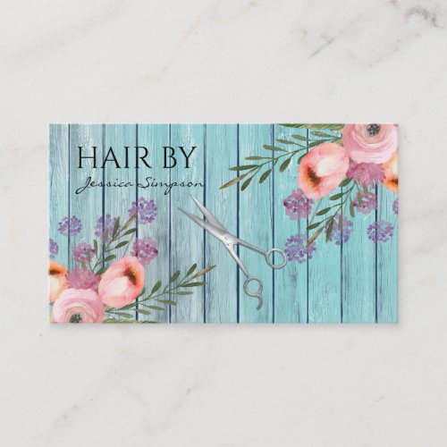 Elegant boho watercolor floral scissors wood appointment card