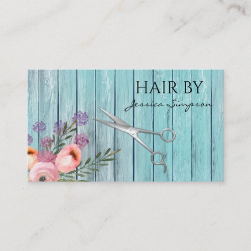 Elegant boho watercolor floral scissors wood appointment card