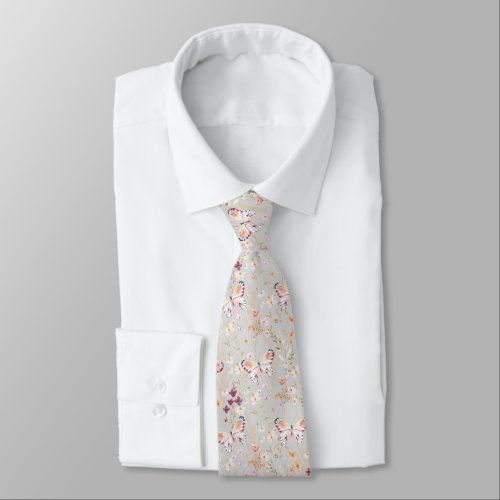 Elegant Boho Watercolor Flower Butterfly Grey Neck Tie