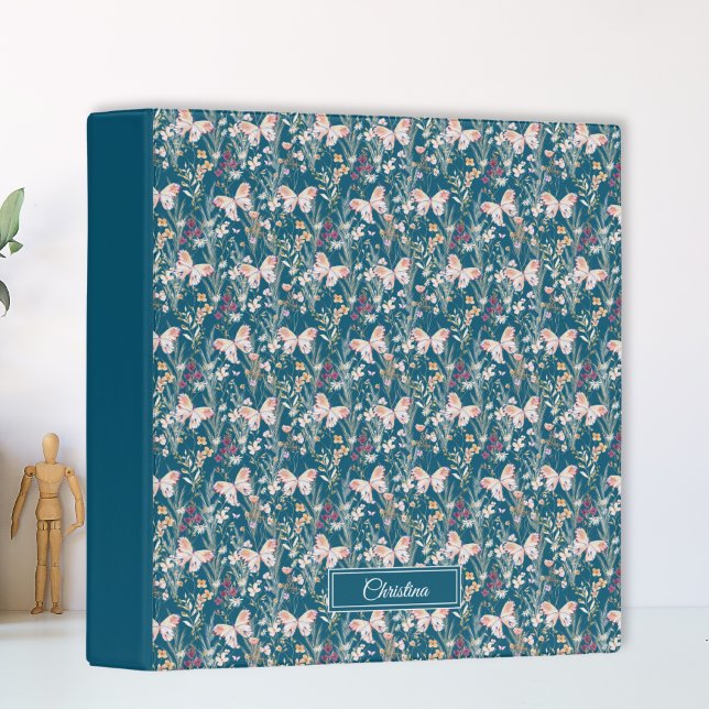 Elegant Boho Watercolor Flower Butterfly Monogram  3 Ring Binder (Creator Uploaded)