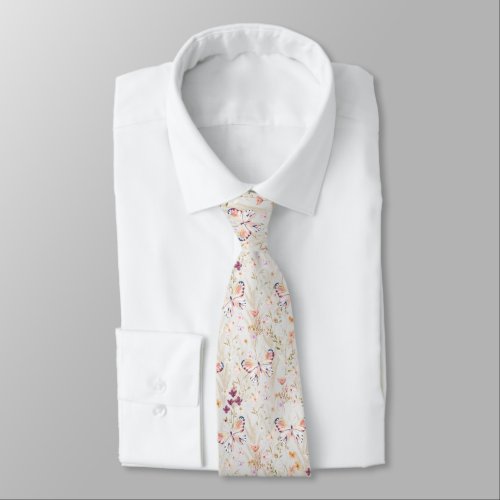 Elegant Boho Watercolor Flower Butterfly Off White Neck Tie