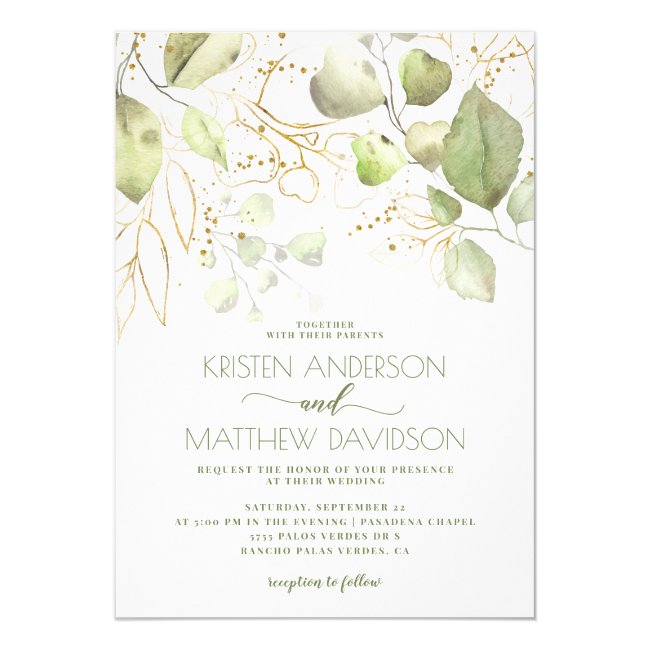 Elegant Boho Watercolor Greenery Gold Wedding Invitation