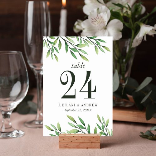 Elegant Boho Watercolor Greenery Wedding Table Number