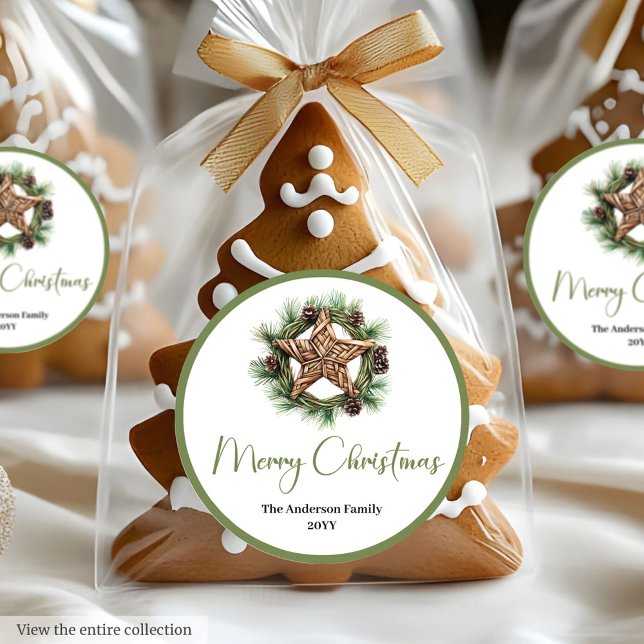 Elegant Boho Watercolor Pine Wreath Christmas Classic Round Sticker (Elegant Boho Watercolor Pine Wreath Christmas Sticker

)