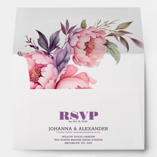 Elegant Boho Watercolor Pink Peony Wedding Envelope